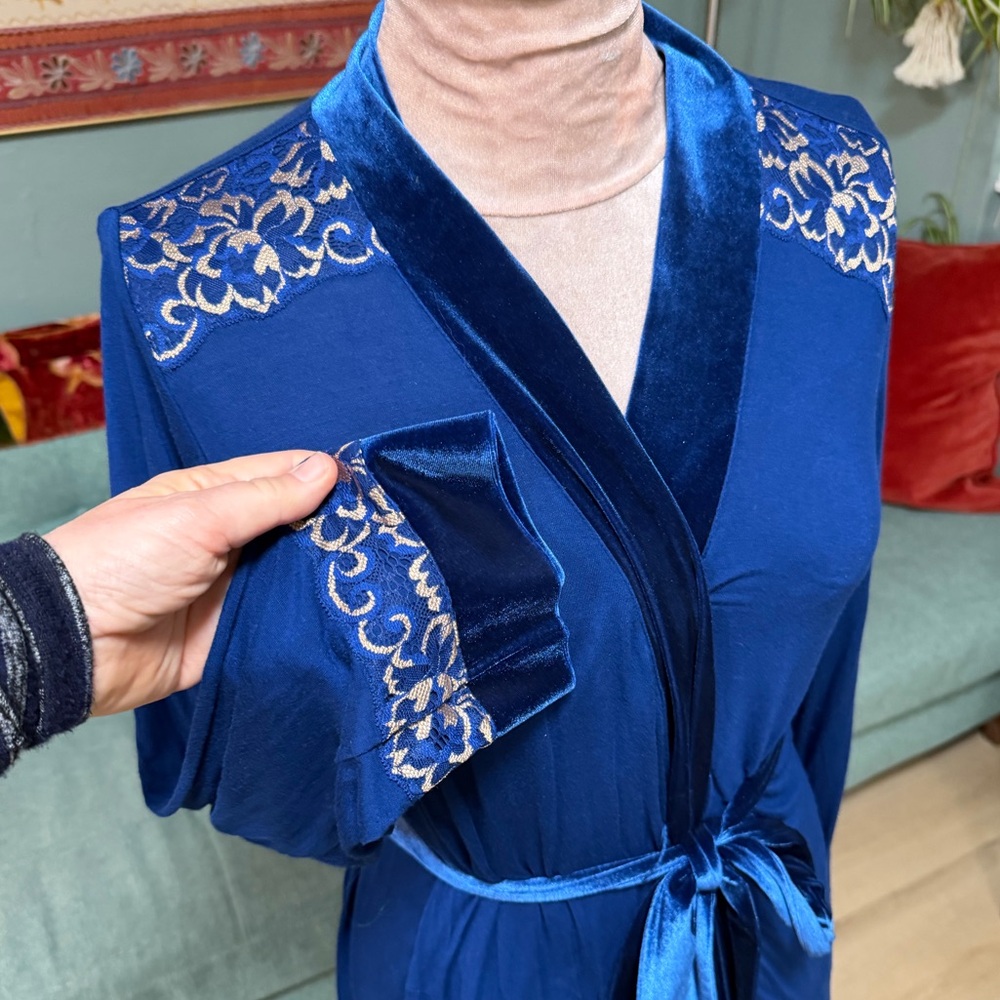 Thalia Sodi royal Blue belted mini Robe gold embroidered Loungewear Feminine S